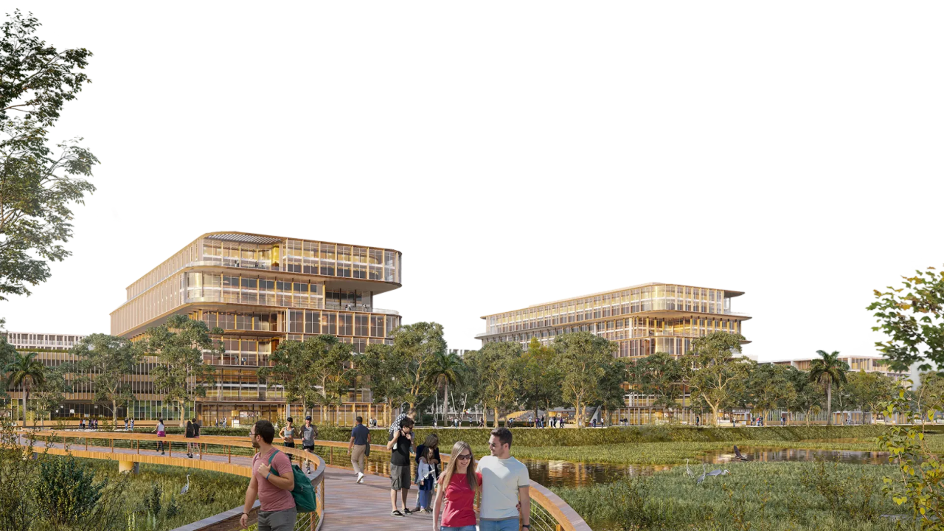 Vista de un nuevo proyecto en Kendall Reserve, con edificios modernos rodeados de naturaleza y personas disfrutando del espacio.