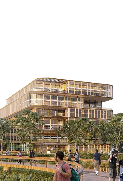 Edificio moderno en Kendall Reserve rodeado de áreas verdes, donde personas disfrutan de actividades al aire
